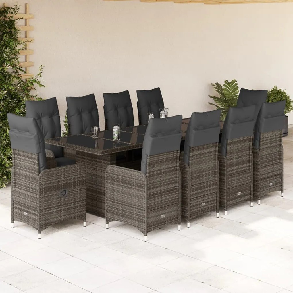 Set bistrò da giardino 11 pz con cuscini in polyrattan grigio