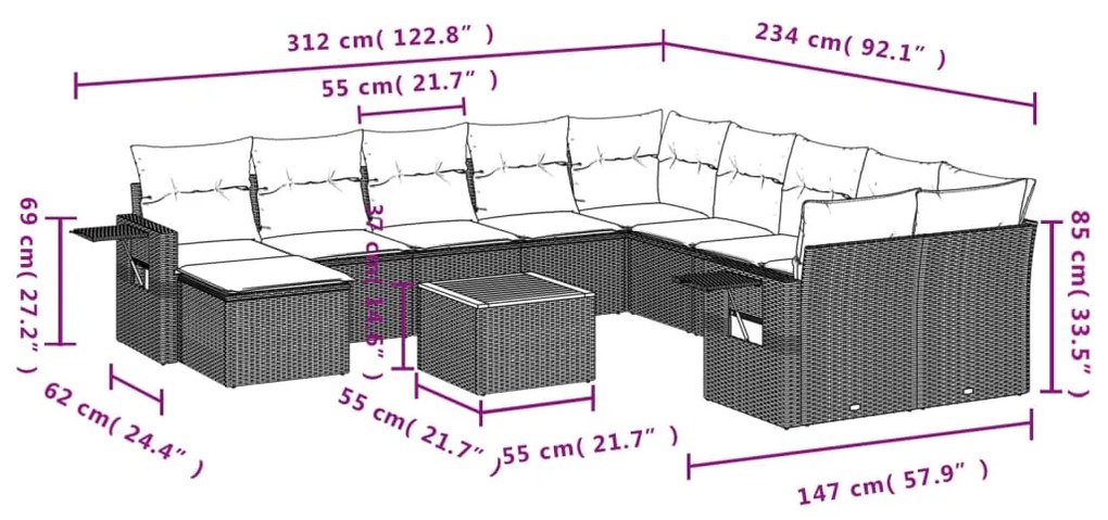 Set divani da giardino 14pz con cuscini in polyrattan nero