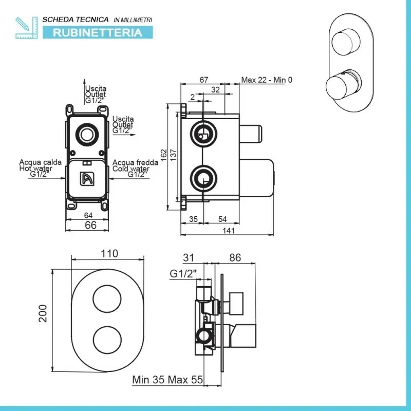 Set miscelatori lavabo alto bidet e doccia a incasso con deviatore Gemma