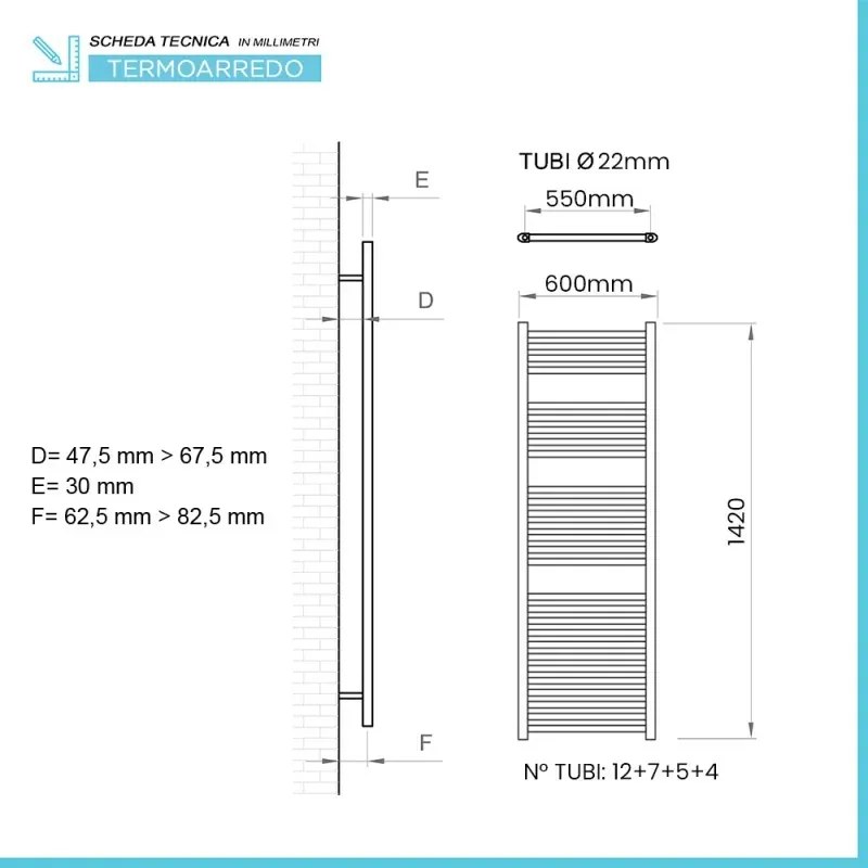 Termoarredo scaldasalviette 600x1420 bianco con interasse 55 cm Sanremo