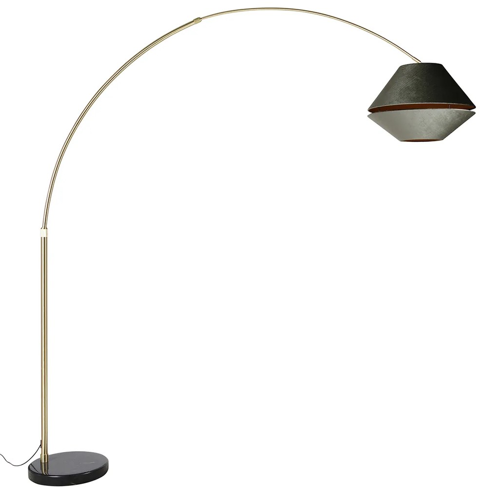 Lampada ad arco in ottone con paralume doppio in velluto nero e verde - XXL