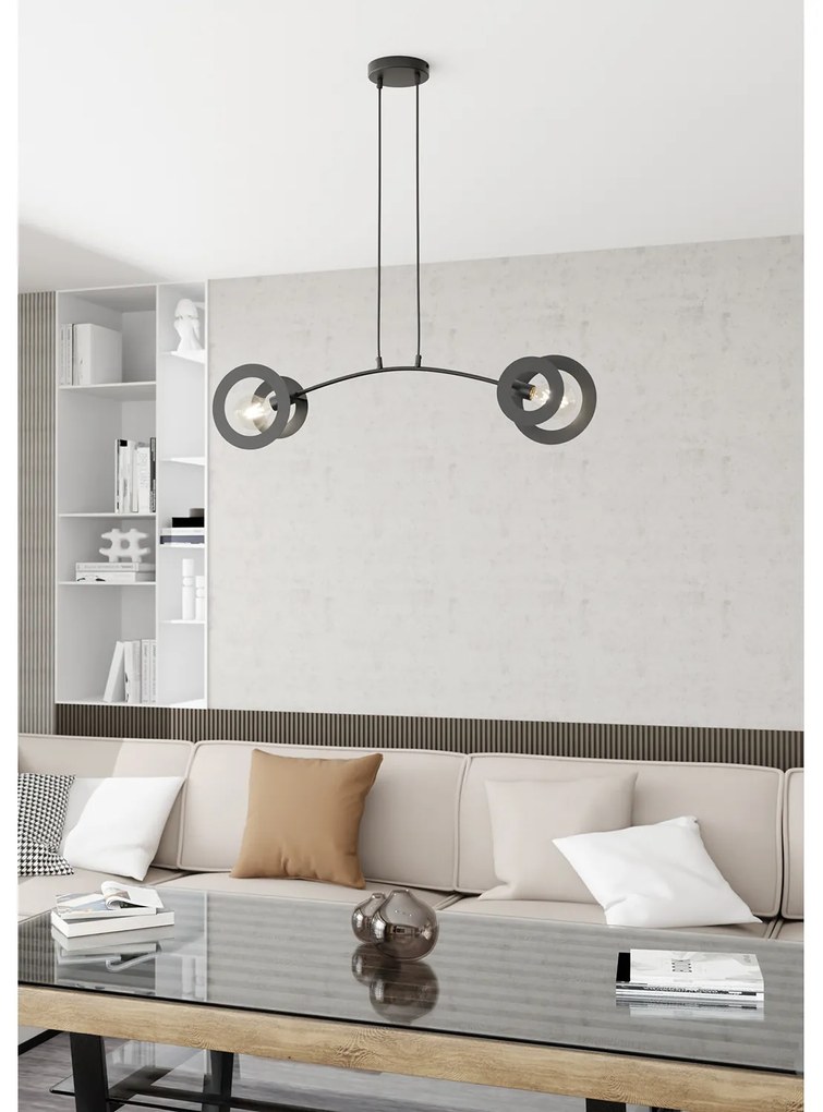 Lampadario 2 Luci Crono In Acciaio Nero A Bracci E Diffusori A Doppio Cerchio
