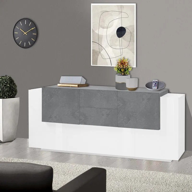 Mobile credenza New Coro L 220 x H 86 P 45 cm bianco lucido, grigio cemento e grigio