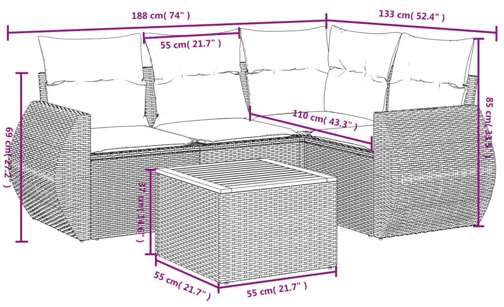 Set divani da giardino 5 pz con cuscini in polyrattan nero