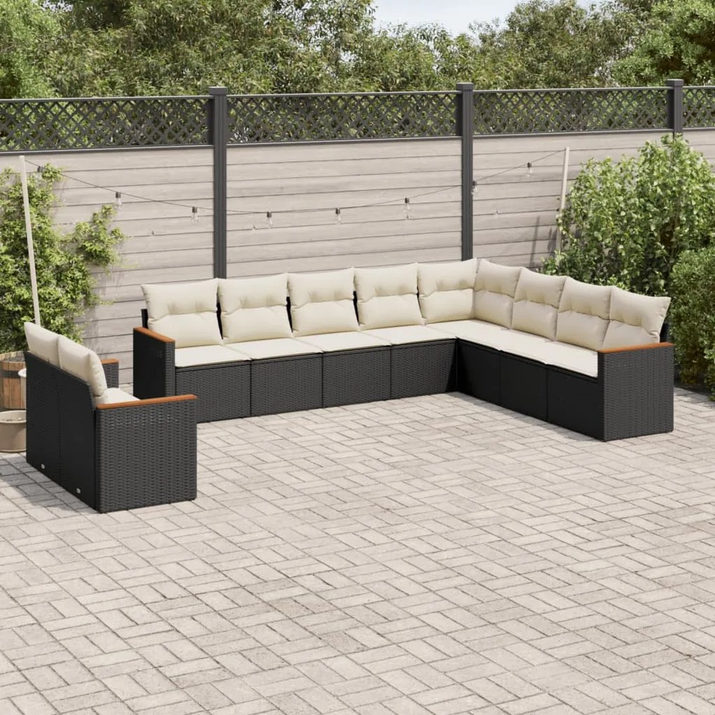 Set divani da giardino 10pz con cuscini in polyrattan nero