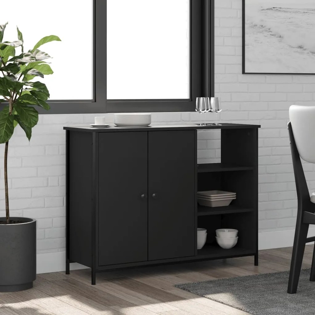 Credenza Nera 100x33x75 Cm İn Legno Multistrato /