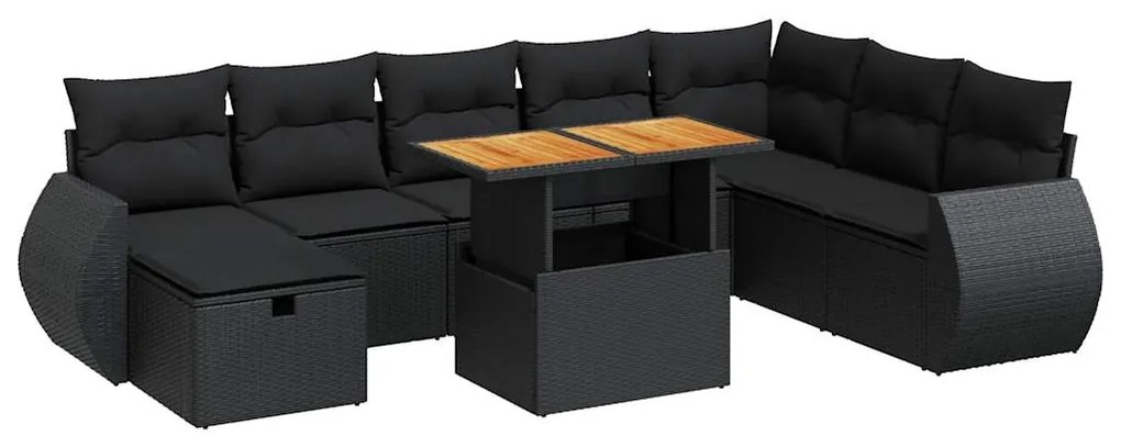 Set divani da giardino 9 pz con cuscini nero polyrattan acacia