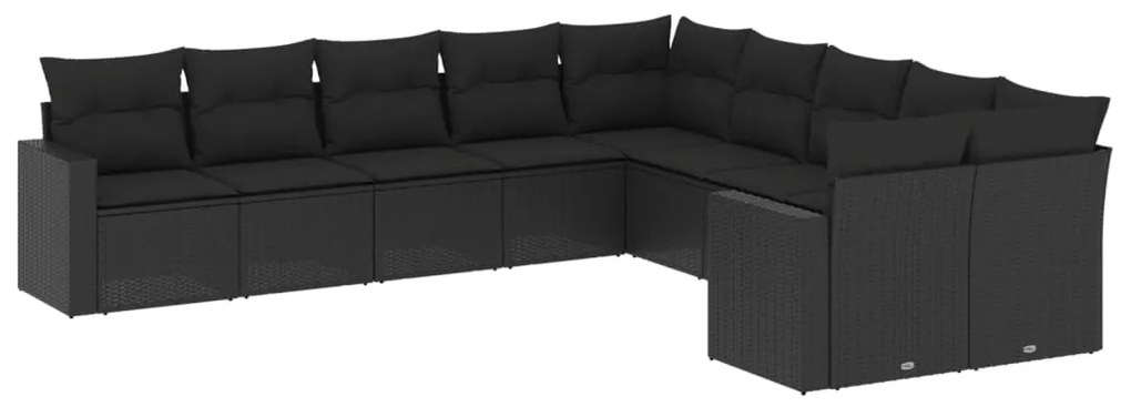 Set divani da giardino 10pz con cuscini in polyrattan nero