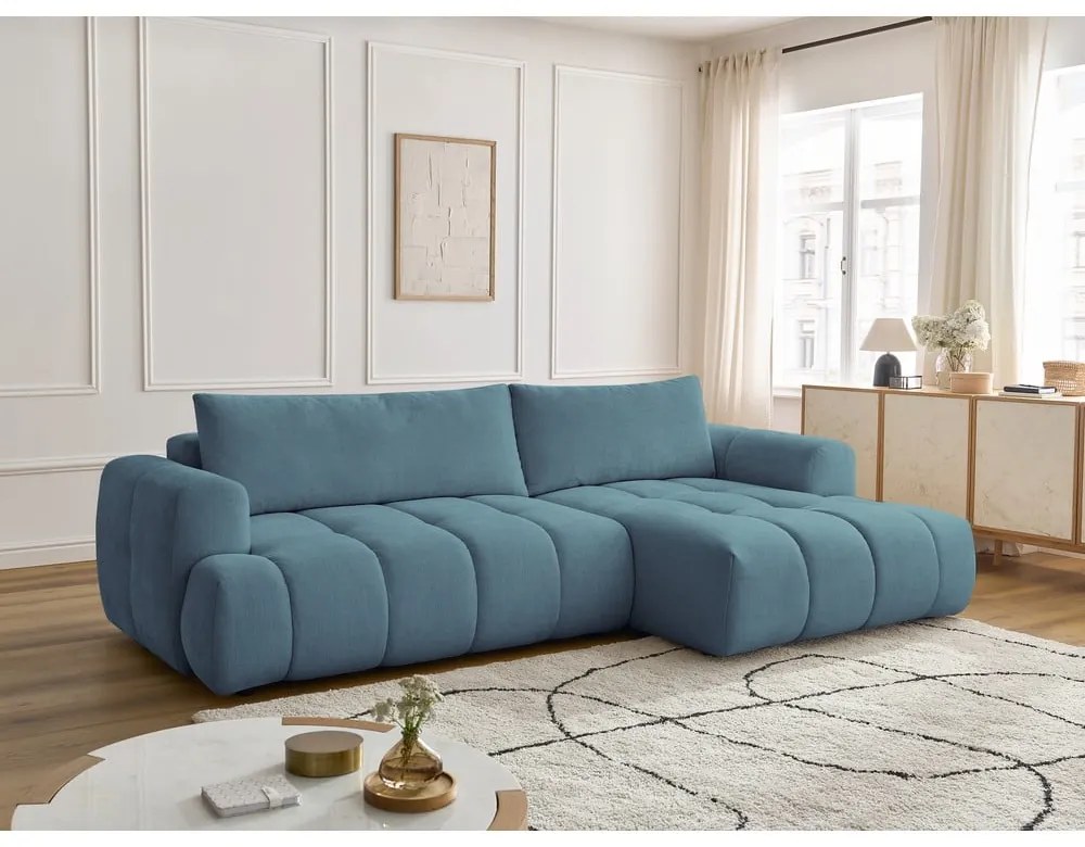 Divano angolare blu allungabile e con contenitore (penisola a destra/chaise lounge) con rivestimento in ciniglia Fuji – Bobochic Paris