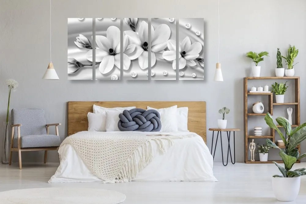 Quadri 5 pezzi – Magnolia di lusso con perle in bianco e nero