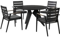 Set di mobili da esterno tavolo rotondo da pranzo nero 110 cm in alluminio e legno sintetico 4 sedie cuscini grigi