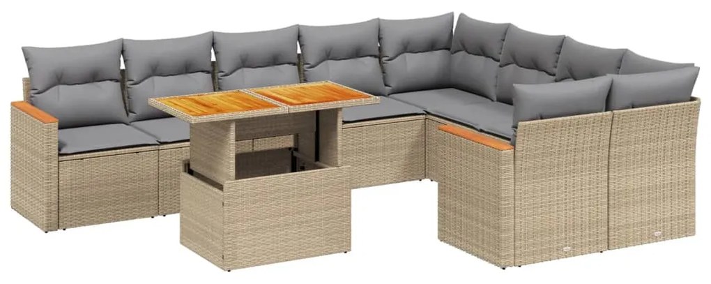 Set divano da giardino 10 pz con cuscini beige in polyrattan