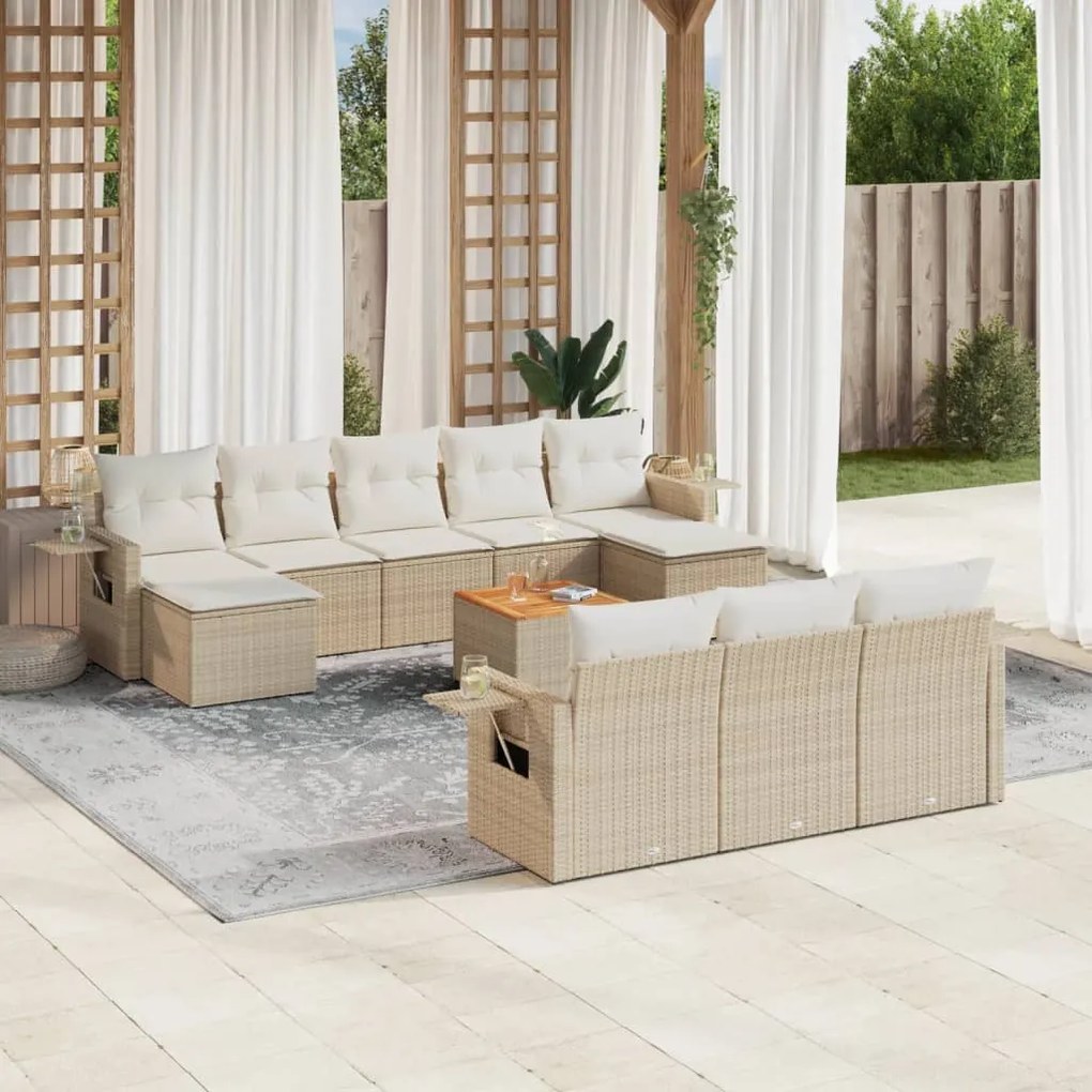 Set divani da giardino 11 pz con cuscini beige in polyrattan