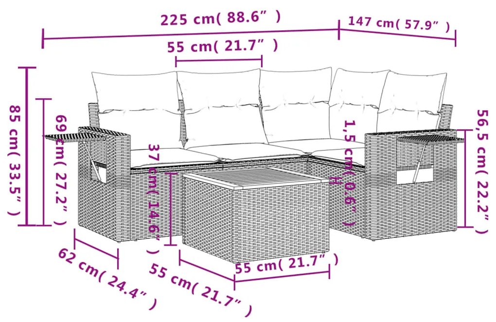 Set Divani da Giardino 5 pz con Cuscini in Polyrattan Nero