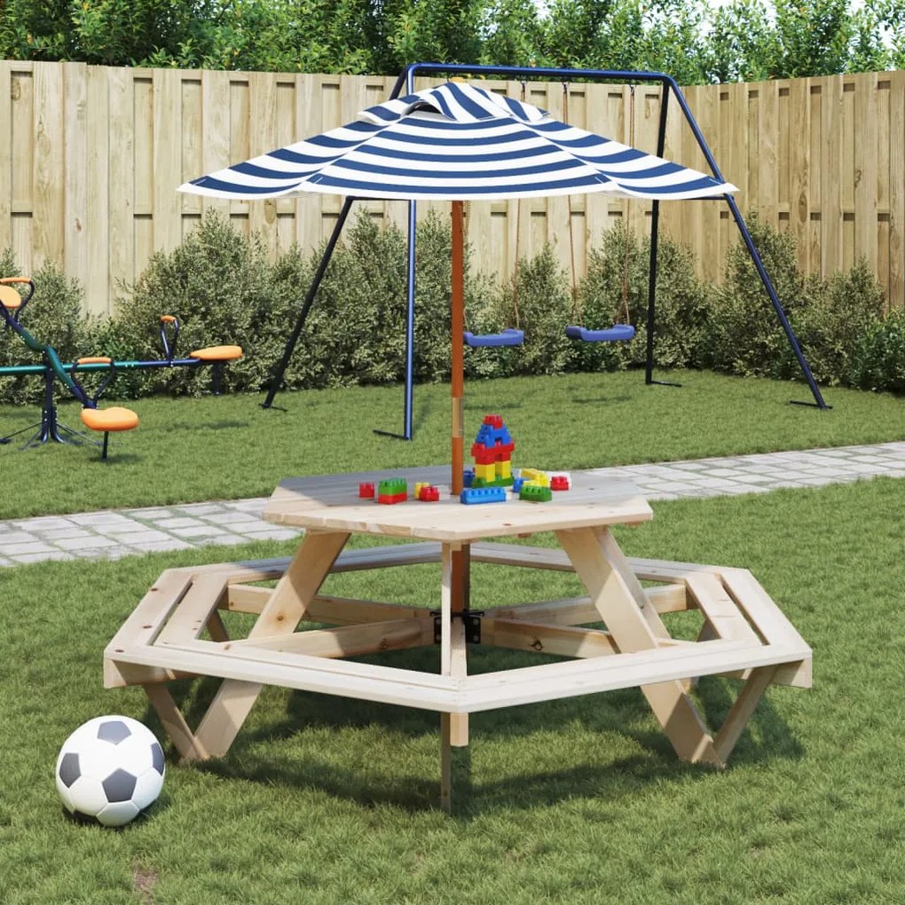 Tavolo picnic per 6 bambini con ombrellone esagono legno abete