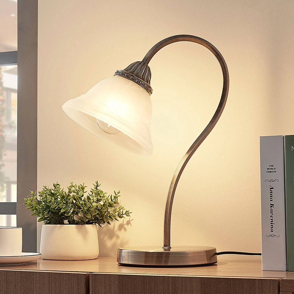 Lampada da tavolo a LED Mialina Lindby, Bronzo / Ottone antico, Soggiorno / Sala da pranzo, Vetro, Lampada da tavolo LED