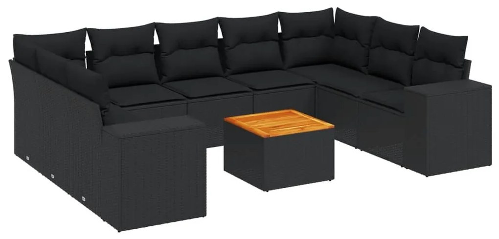 Set divani da giardino 10pz con cuscini in polyrattan nero