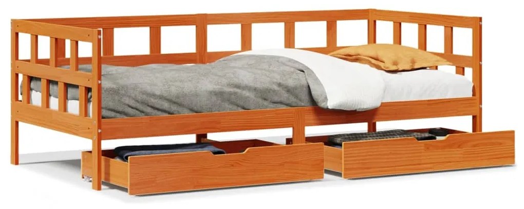 Divano Letto Con Cassetti Marrone Cera 80x200 Cm Massello Pino /