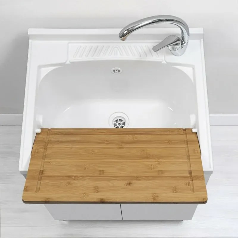 Mobile lavatoio bianco 60x50 cm vasca in resina e asse lavapanni Desya