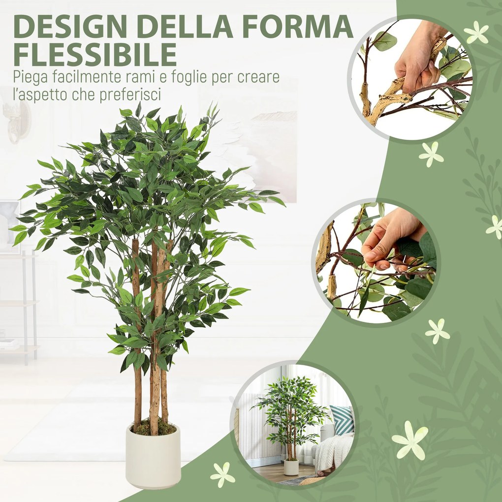 Pianta Artificiale di Baniano Alta 120 cm Verde in PEVA e Legno con Vaso Contenitore in PP e Cemento Bianco...
