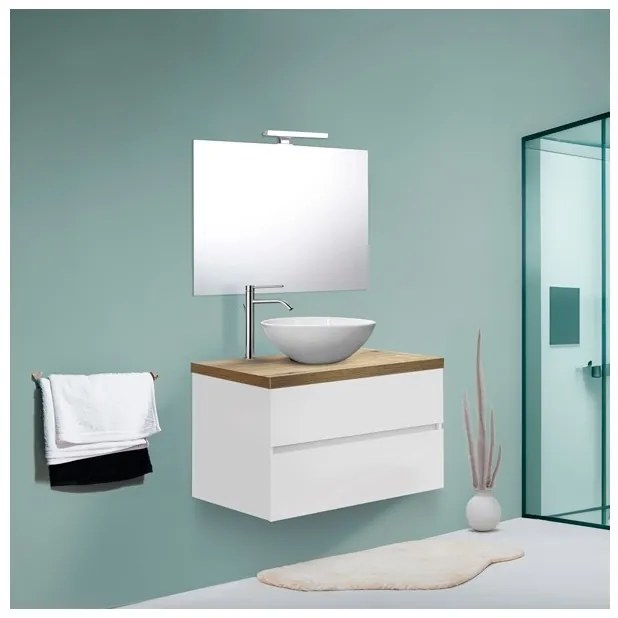 Mobile Bagno Sospeso 80 Cm Con Lavabo E Specchio Bianco Lucido Top Rovere Rio