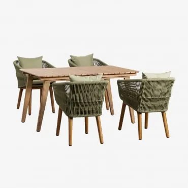 Set Tavolo Allungabile In Legno (150-200x90 Cm) Naele E 4 Sedie Da Giardino Barker Verde Bambù - Sklum