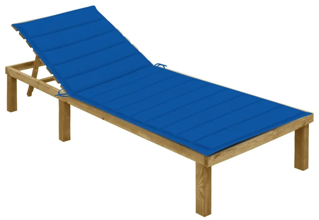 Lettino Da Giardino Con Cuscino Blu Royal Legno Pino Impregnato /