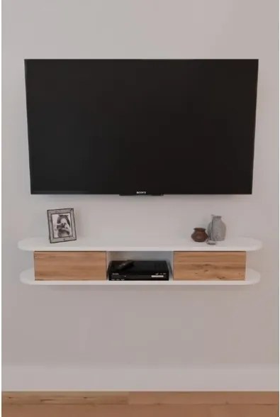 Mobile TV Sospeso 120x20x18 cm 2 Ante E Vano A Giorno Omega Bianco E Rovere