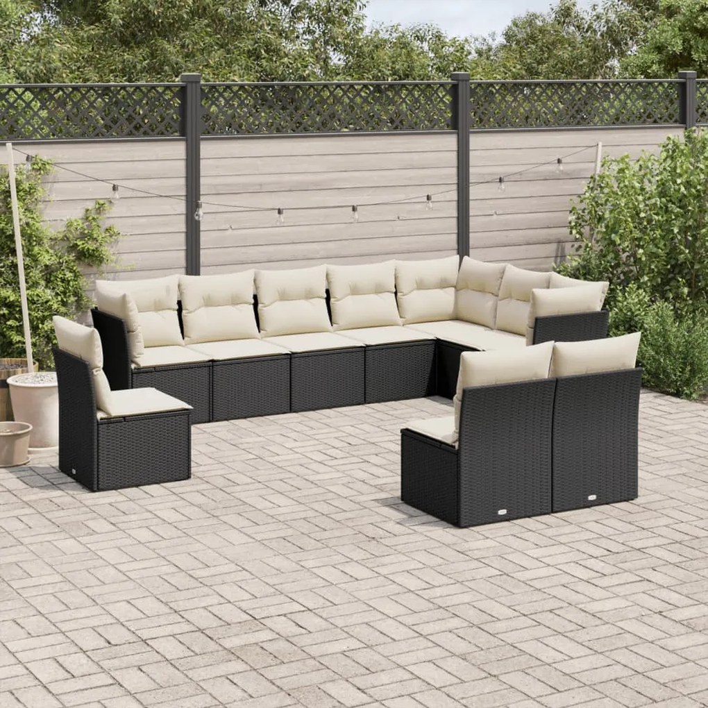 Set divani da giardino 10pz con cuscini in polyrattan nero