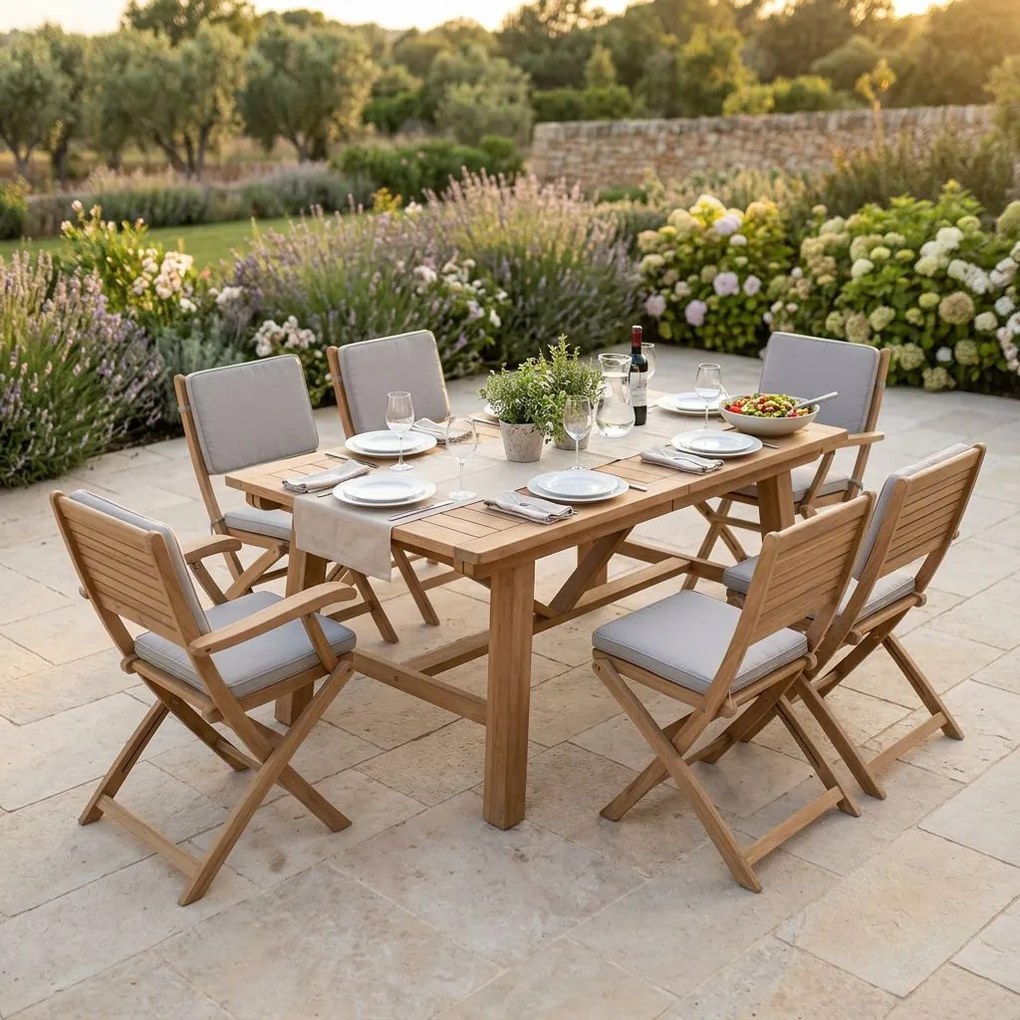 ORATOR - set tavolo in teak cm 160/240 x 90 x 77 h con 4 sedie e 2 poltrone Orator