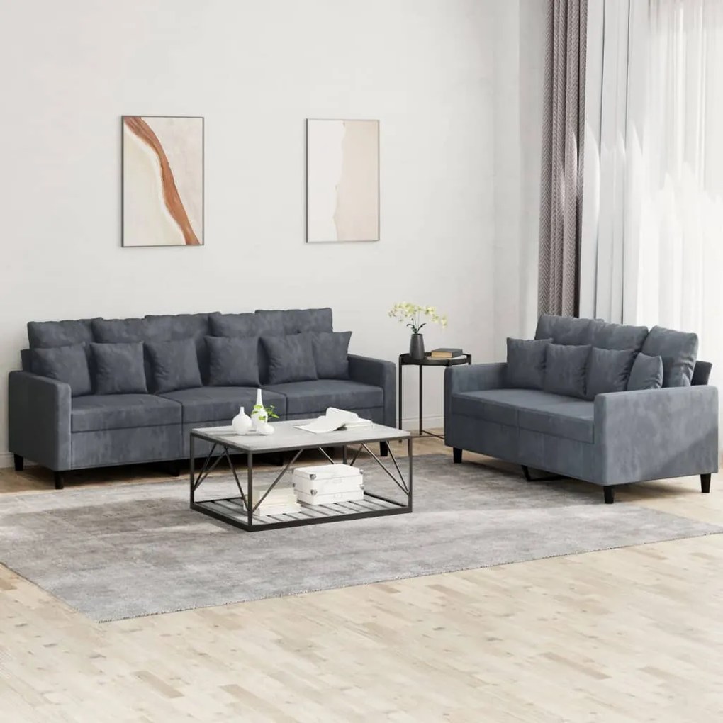 Set Di Divani 2 Pz Con Cuscini Grigio Scuro İn Velluto /