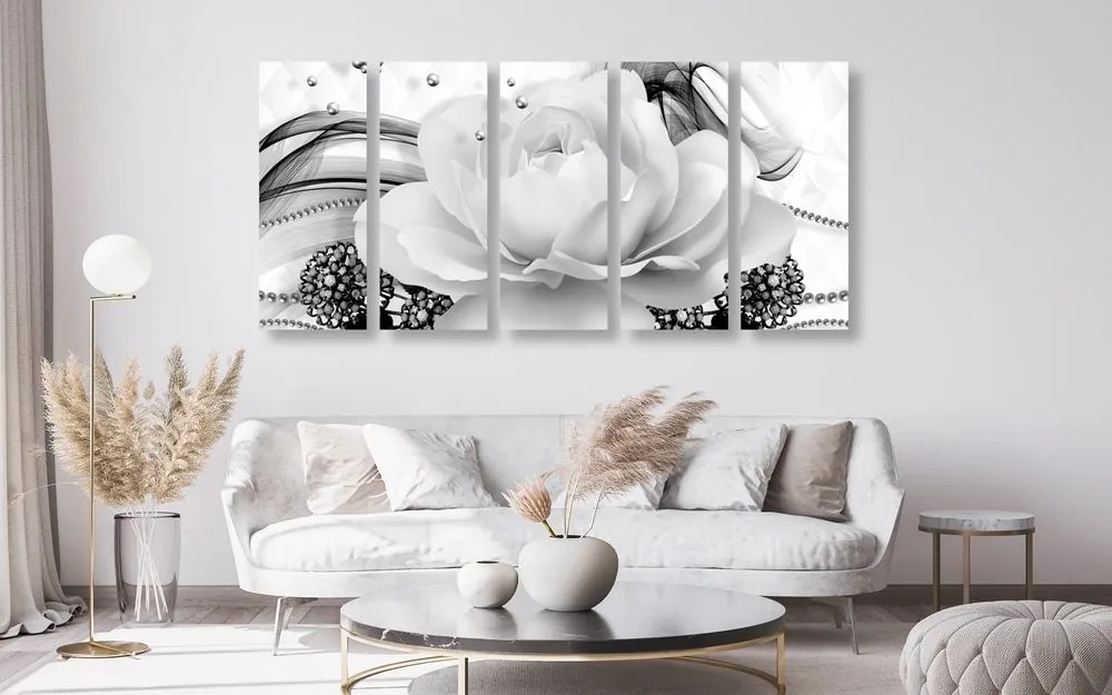 Quadri 5 pezzi – Rose lussuose in bianco e nero