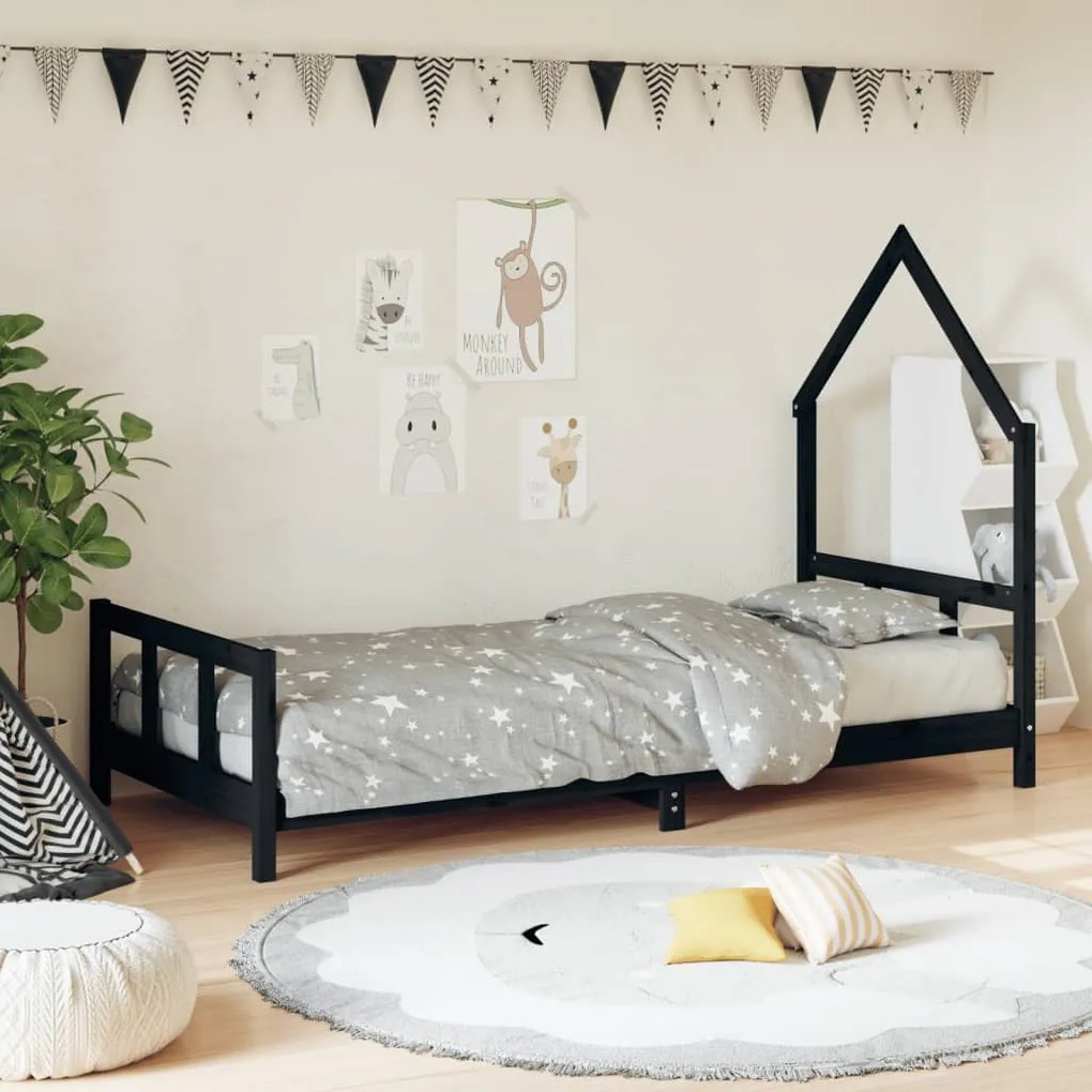 Giroletto Per Bambini Nero 90x190 Cm İn Legno Massello Di Pino /