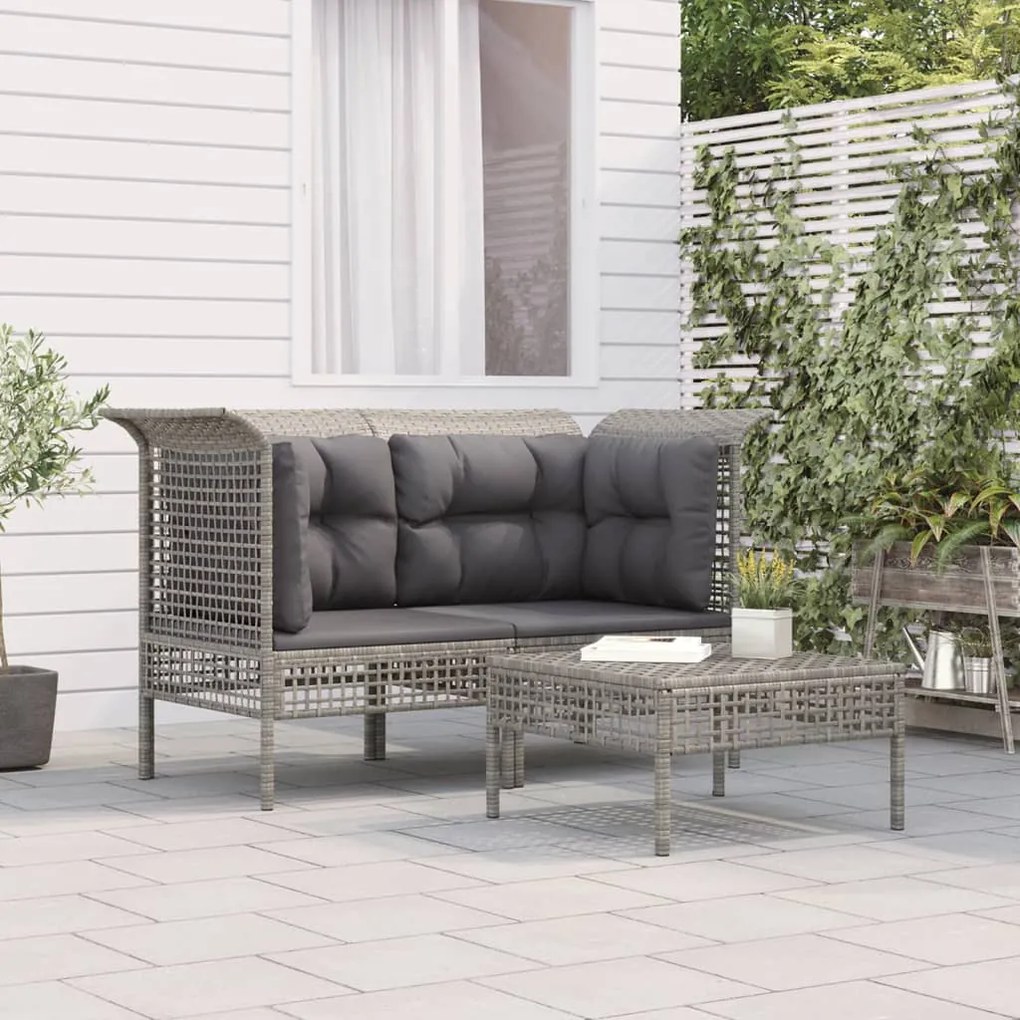 Set divani da giardino 3 pz con cuscini in polyrattan grigio