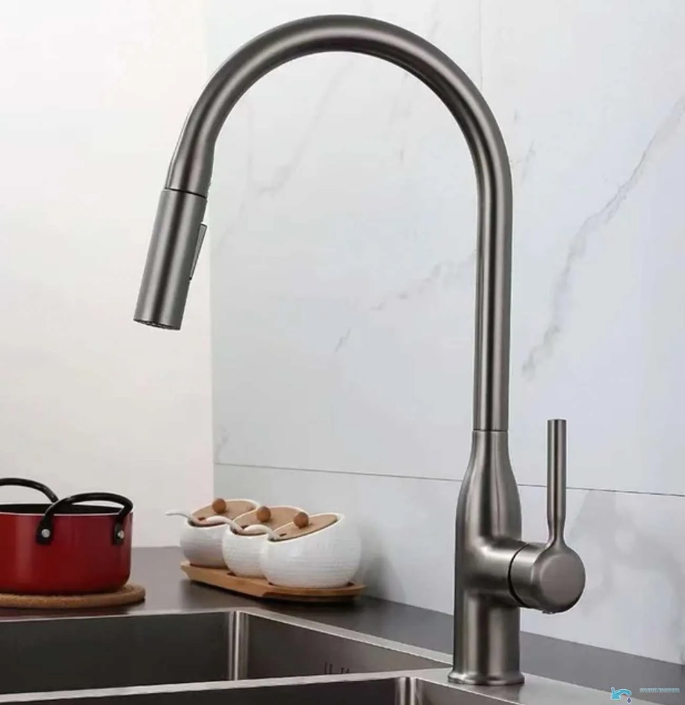 Rubinetto da cucina EYN KS15174 da piano con doccetta estraibile multigetto, bocca girevole e più finiture — Grigio gunmetal