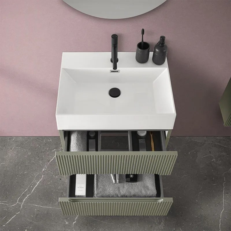 Mobile bagno sospeso cannettato 60 cm verde con specchio   Bali