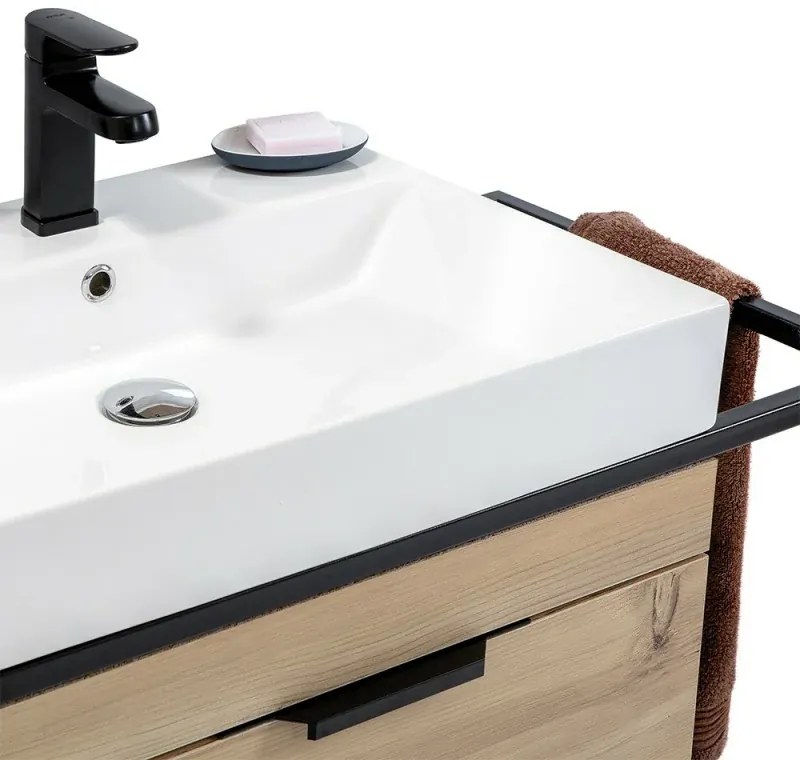Mobile bagno sospeso 80 cm in legno e metallo nero con specchio Zante