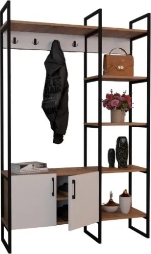 Mobile Ingresso Industrial 120x34x180 Con Scarpiera Appendiabiti E Ripiani Yago Bianco E Rovere