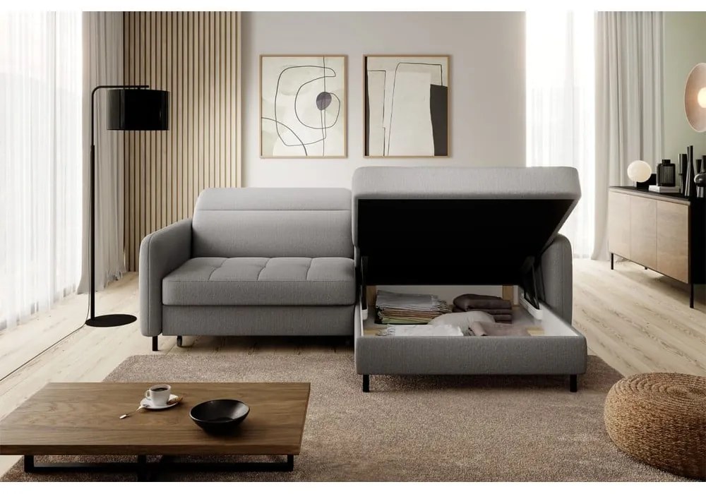 Divano angolare grigio allungabile/con contenitore (con penisola a destra/con chaise lounge) e rivestimento in velluto Gomsi – ELTAP