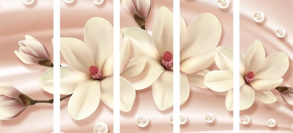 Quadri 5 pezzi – Magnolia di lusso con perle