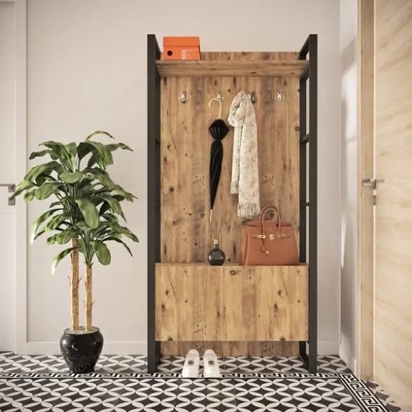 Mobile Ingresso Con Scarpiera E Appendiabiti 90x34x180 Stile Industrial Fiona