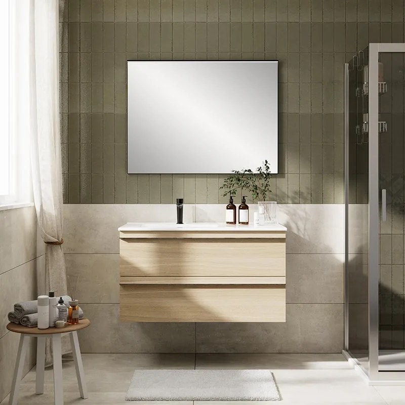 Mobile Linea L100 H55 P45 in laminato rovere natura 2 cassetti a chiusura ammortizzata e lavabo ceramica vasca SX