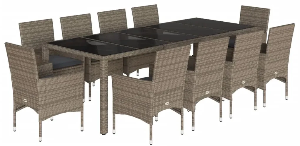 Set da pranzo da giardino 11pz con cuscini polyrattan e vetro