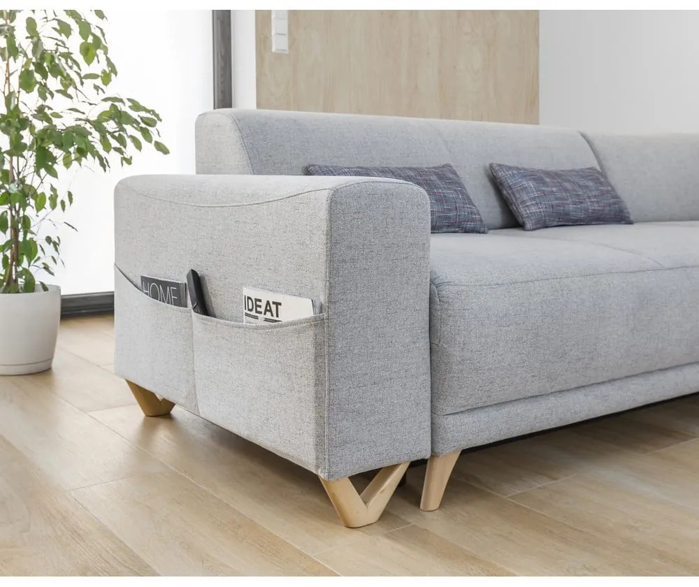 Divano angolare grigio chiaro allungabile e con contenitore (con penisola a destra/a L) Classy Sophie – Miuform