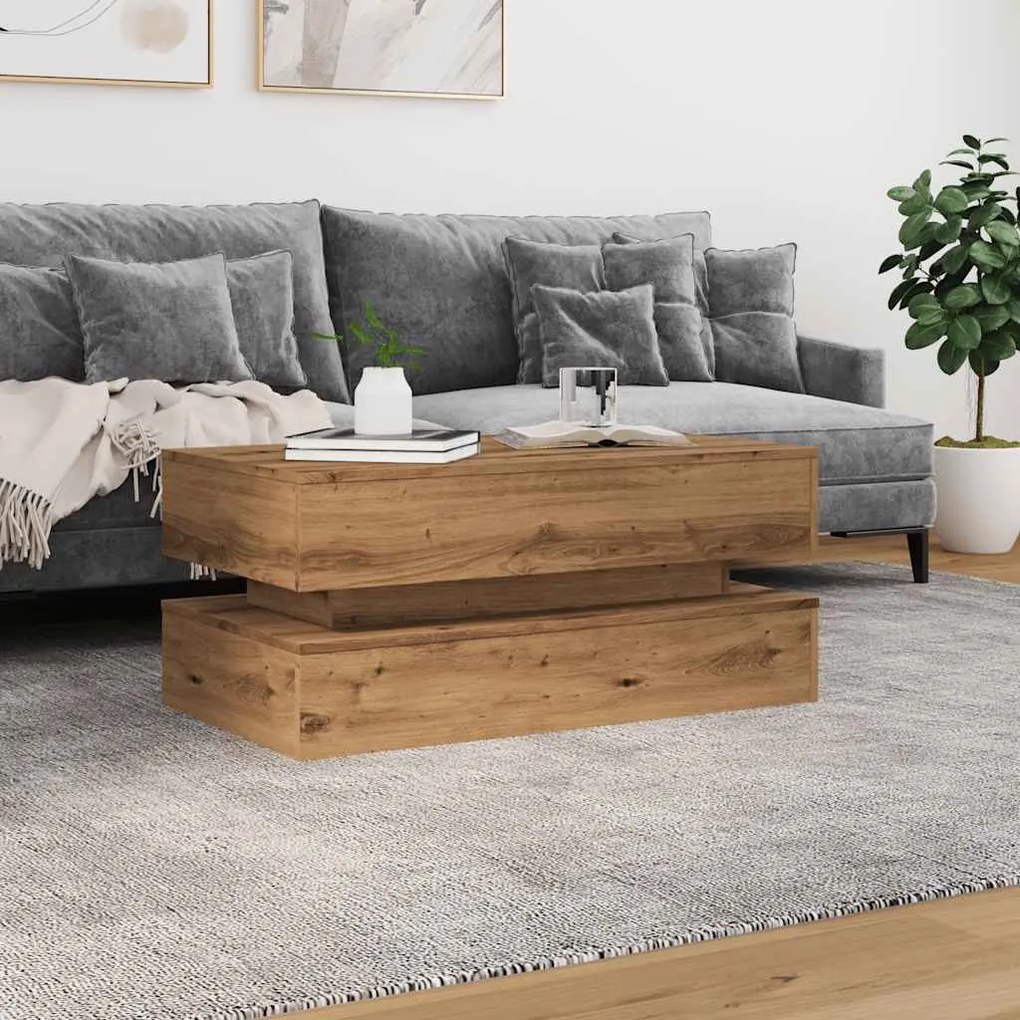 Tavolino da salotto con luci led rovere artigianale 90x50x40 cm