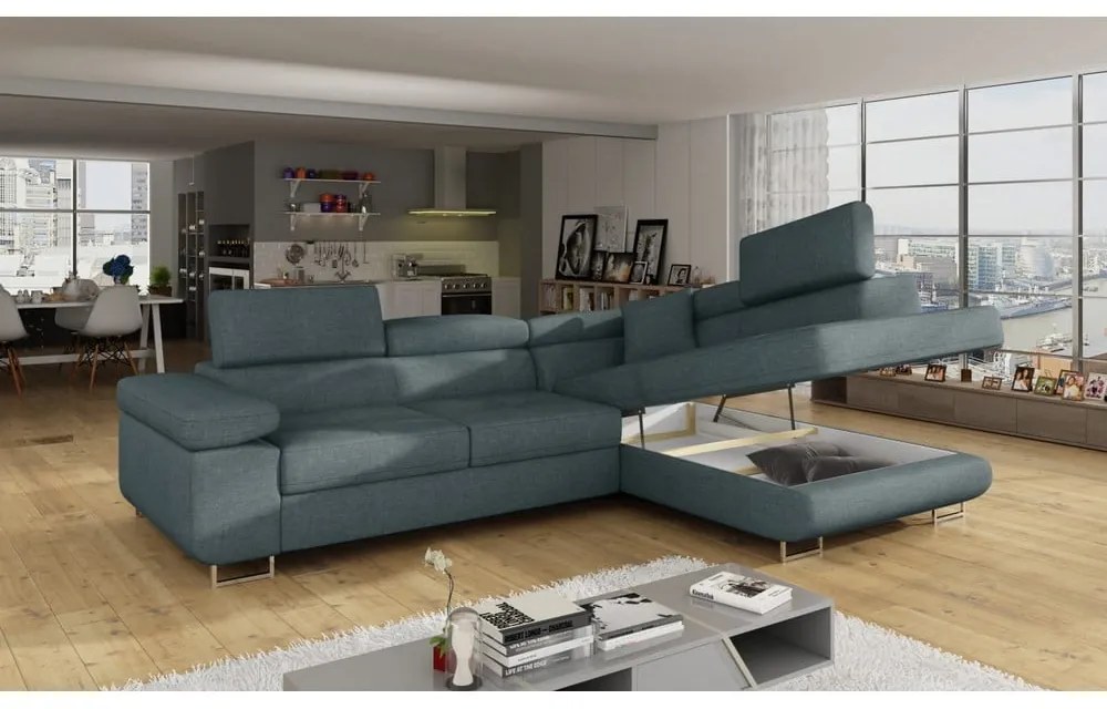 Divano angolare blu allungabile/con contenitore (con penisola a destra/a L) Anton – ELTAP