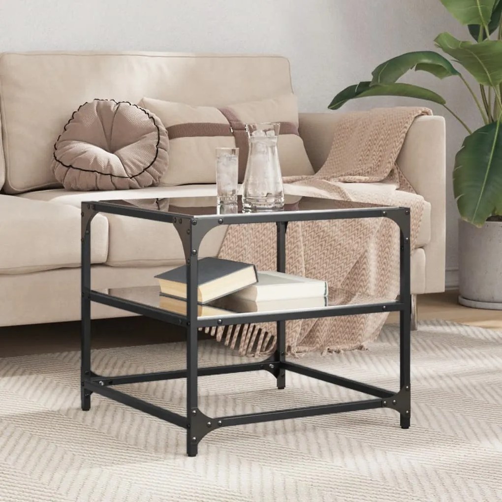 Tavolino Con Piano İn Vetro Nero 50x50x45 Cm Acciaio /