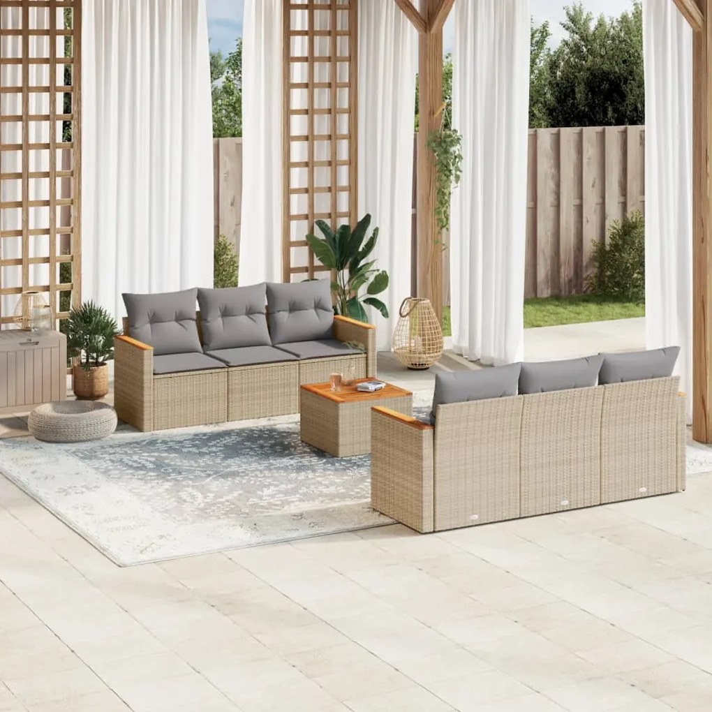 Set Divano da Giardino 7 pz con Cuscini Beige Misto Polyrattan