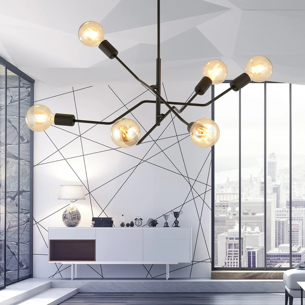 Sospensione Industrial 6 Luci Febe In Acciaio Nero E Bracci Regolabili