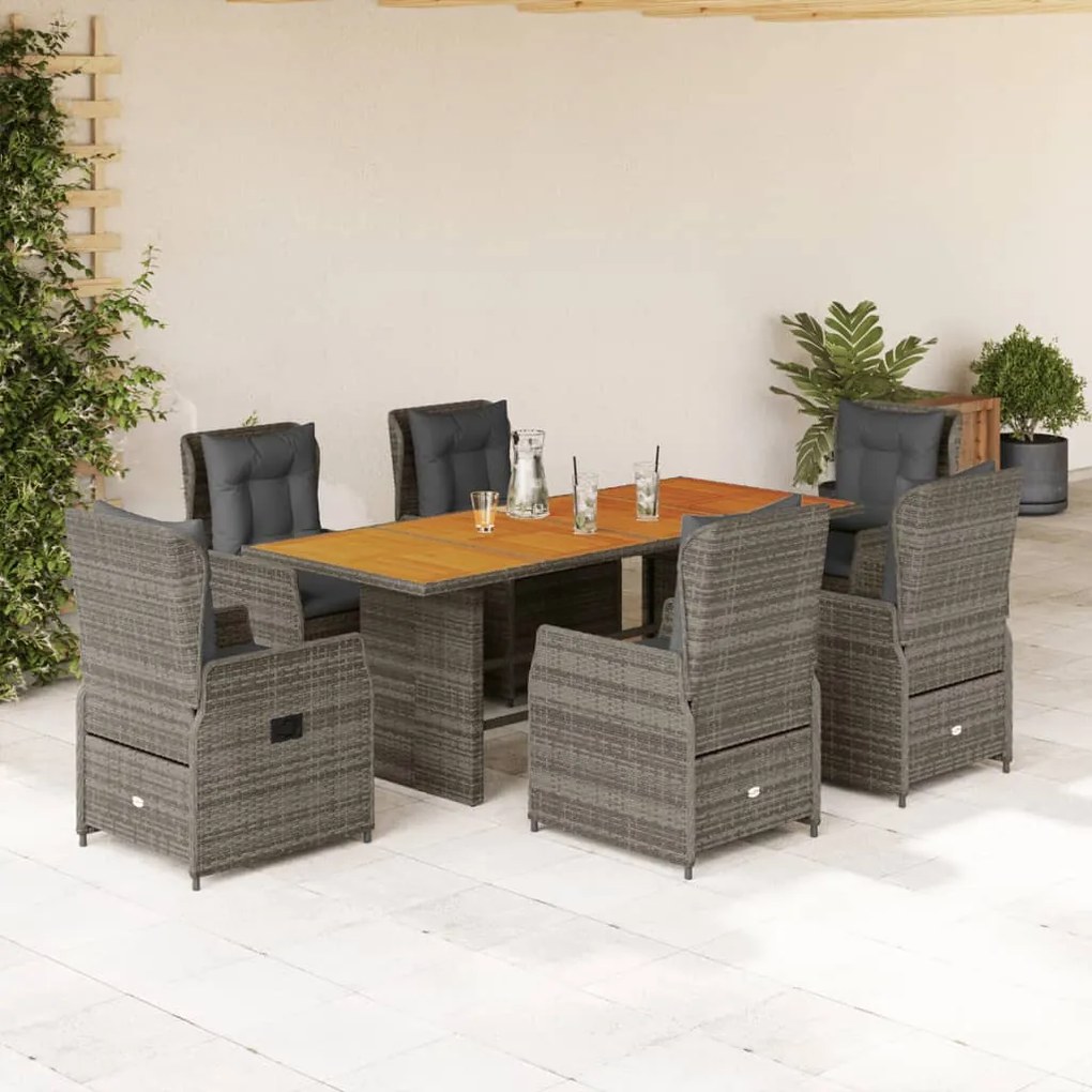 Set da pranzo da giardino 7 pz con cuscini in polyrattan grigio